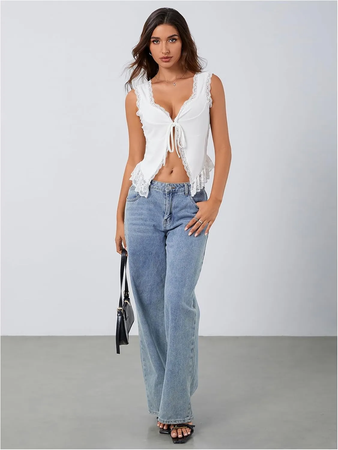 OYOANGLE Women's Summer Casual Tie Front Top Sleeveless V Neck Lace Trim Going Out Crop Blouse