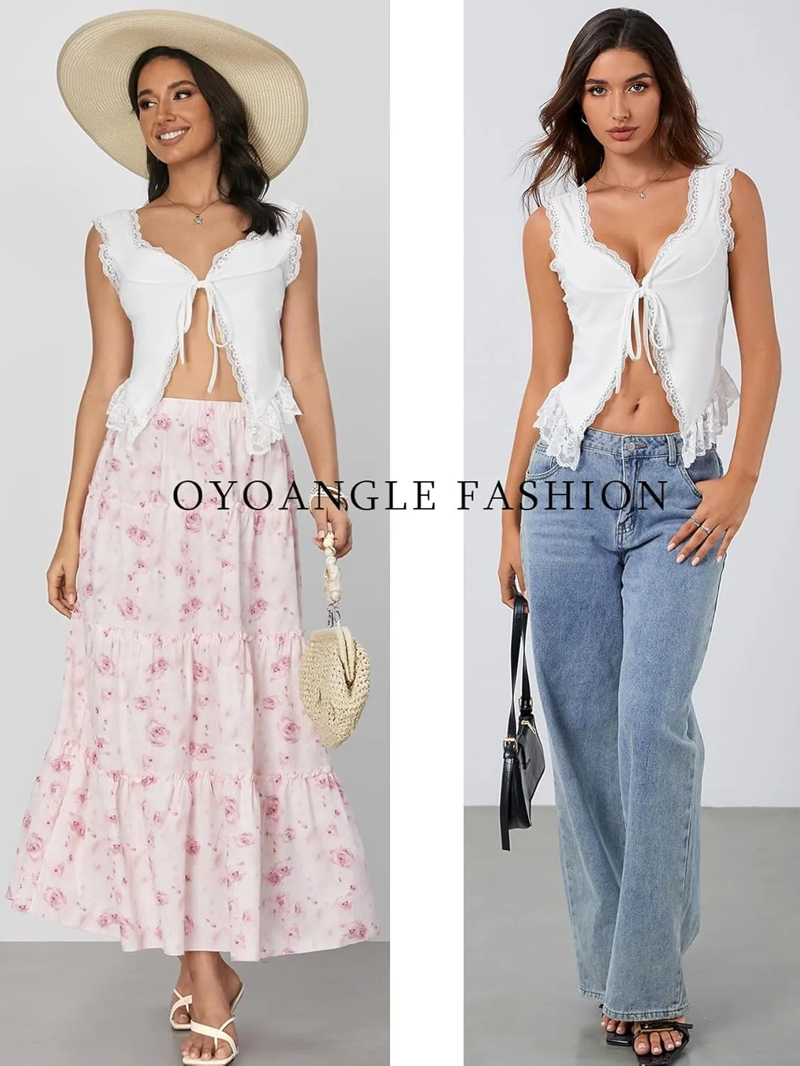 OYOANGLE Women's Summer Casual Tie Front Top Sleeveless V Neck Lace Trim Going Out Crop Blouse