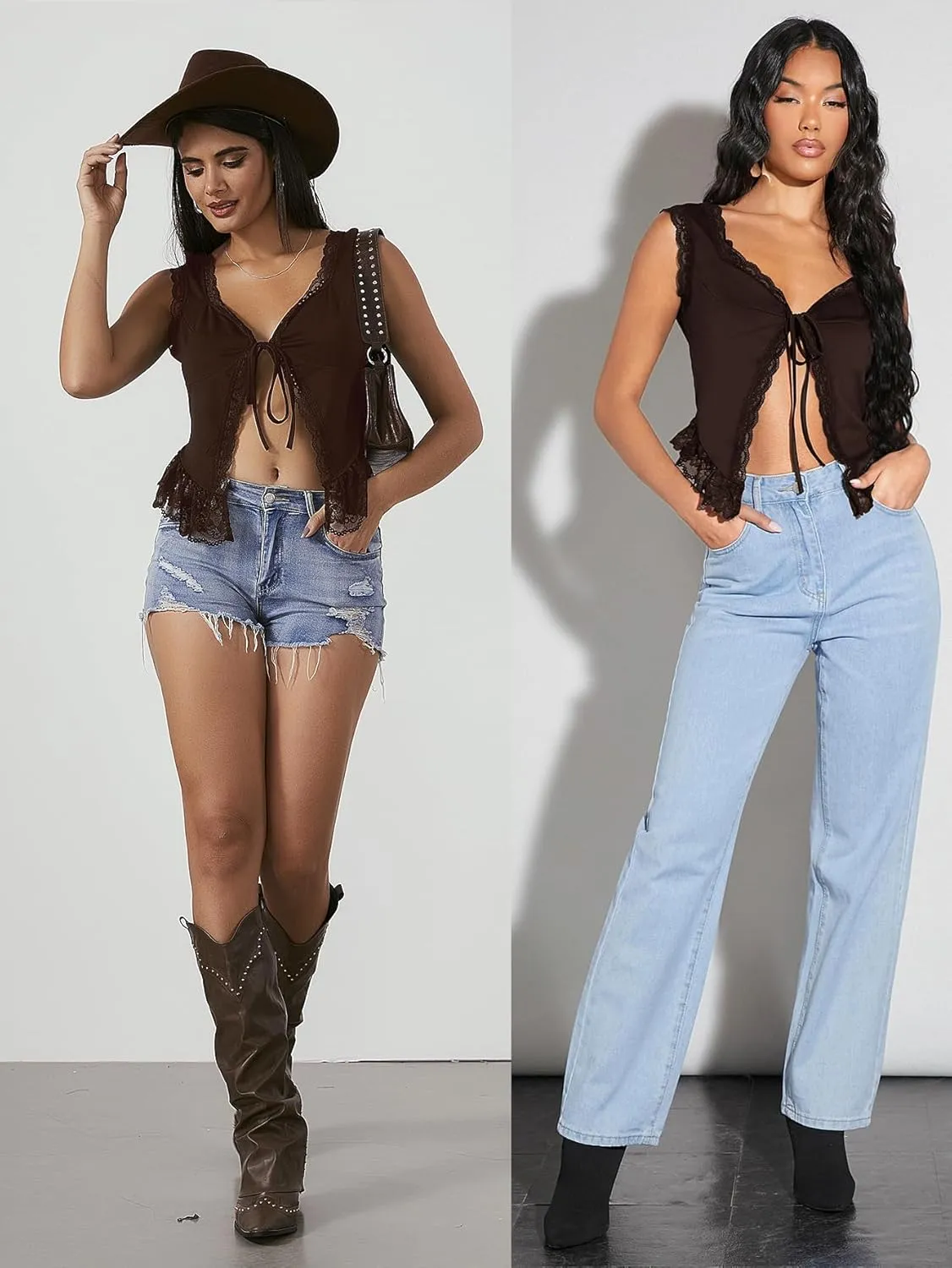 OYOANGLE Women's Summer Casual Tie Front Top Sleeveless V Neck Lace Trim Going Out Crop Blouse