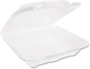 Pactiv Evergreen Vented Foam Hinged Lid Container, Dual Tab Lock Economy, 9.13 x 9 x 3.25, White, 150/Carton