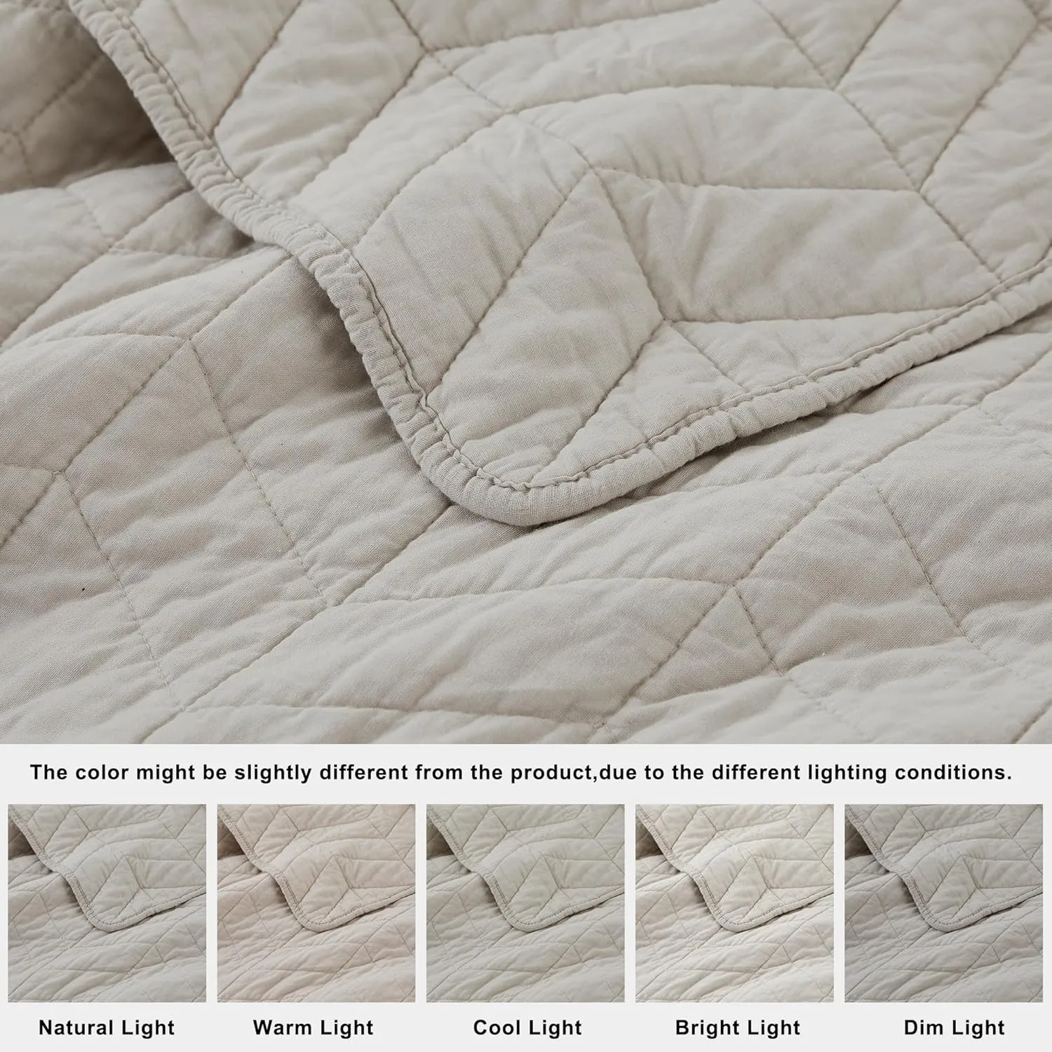palassio Beige Cotton Quilt Queen Size Bedding Sets with Pillow Shams, White Lightweight Soft Bedspread Coverlet, Tan Cream Quilted Comforter Bed Cover for All Season, 3 Pieces, 90x96 inches