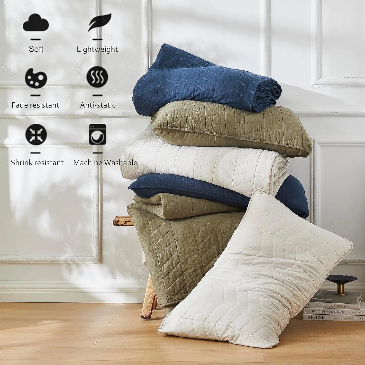 palassio Beige Cotton Quilt Queen Size Bedding Sets with Pillow Shams, White Lightweight Soft Bedspread Coverlet, Tan Cream Quilted Comforter Bed Cover for All Season, 3 Pieces, 90x96 inches