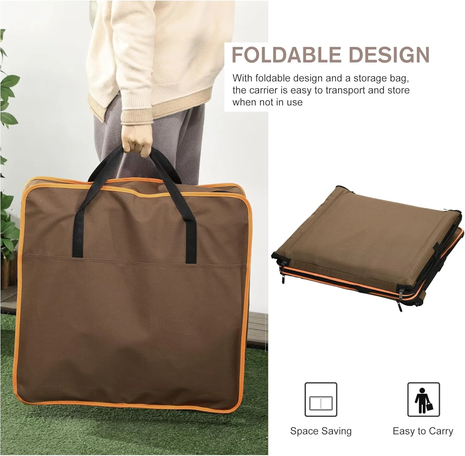 PawHut 39" Portable Soft-Sided Cat Carrier, Cat Kennel, Travel Dog Crate with Divider, Two Compartments, Soft Cushions & Storage Bag, Easy to Fold, Brown