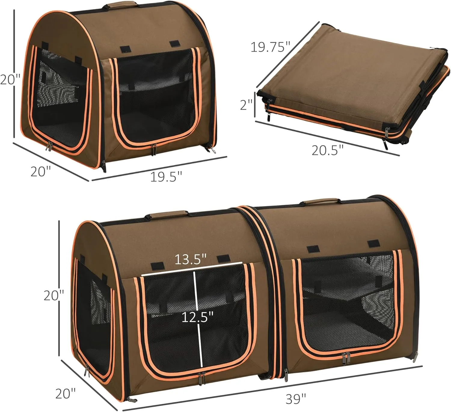 PawHut 39" Portable Soft-Sided Cat Carrier, Cat Kennel, Travel Dog Crate with Divider, Two Compartments, Soft Cushions & Storage Bag, Easy to Fold, Brown
