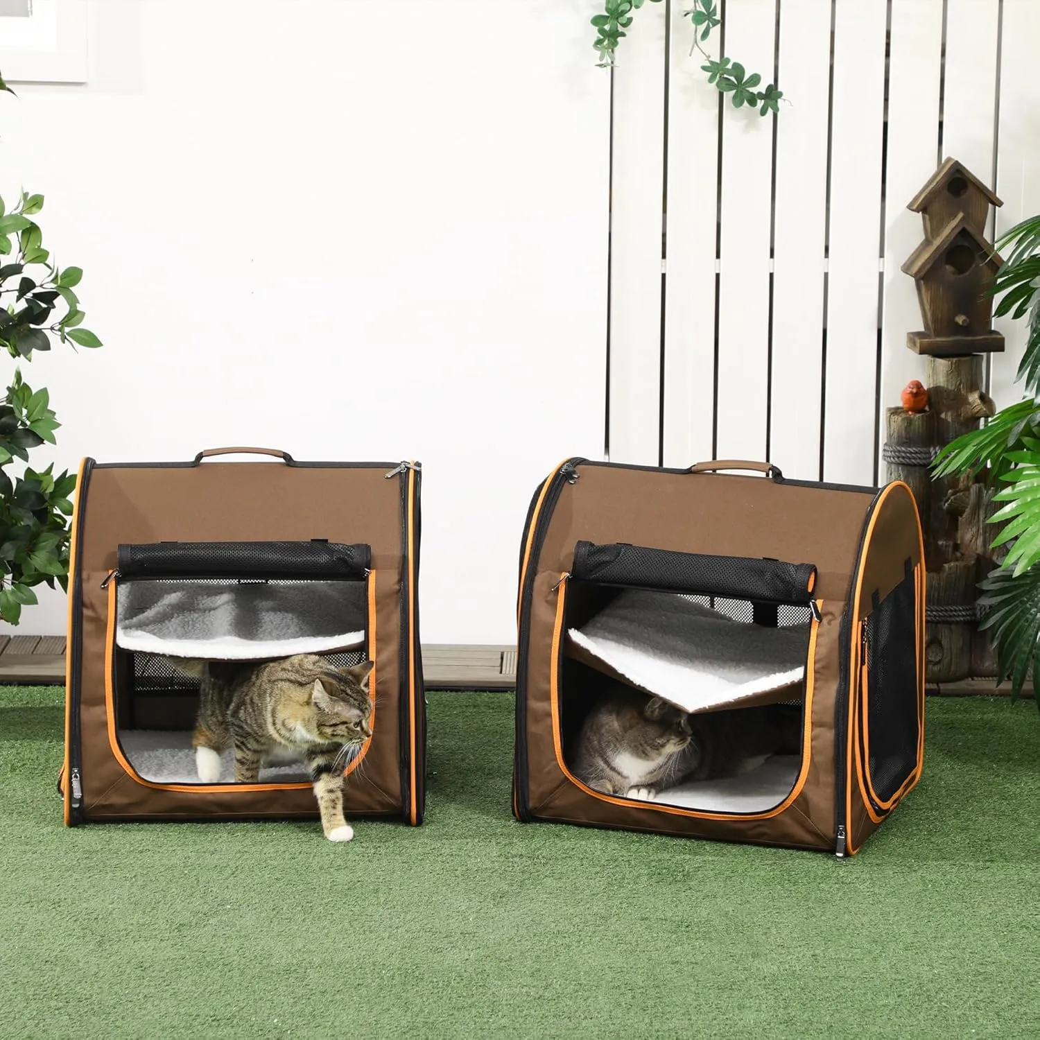 PawHut 39" Portable Soft-Sided Cat Carrier, Cat Kennel, Travel Dog Crate with Divider, Two Compartments, Soft Cushions & Storage Bag, Easy to Fold, Brown
