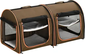 PawHut 39" Portable Soft-Sided Cat Carrier, Cat Kennel, Travel Dog Crate with Divider, Two Compartments, Soft Cushions & Storage Bag, Easy to Fold, Brown