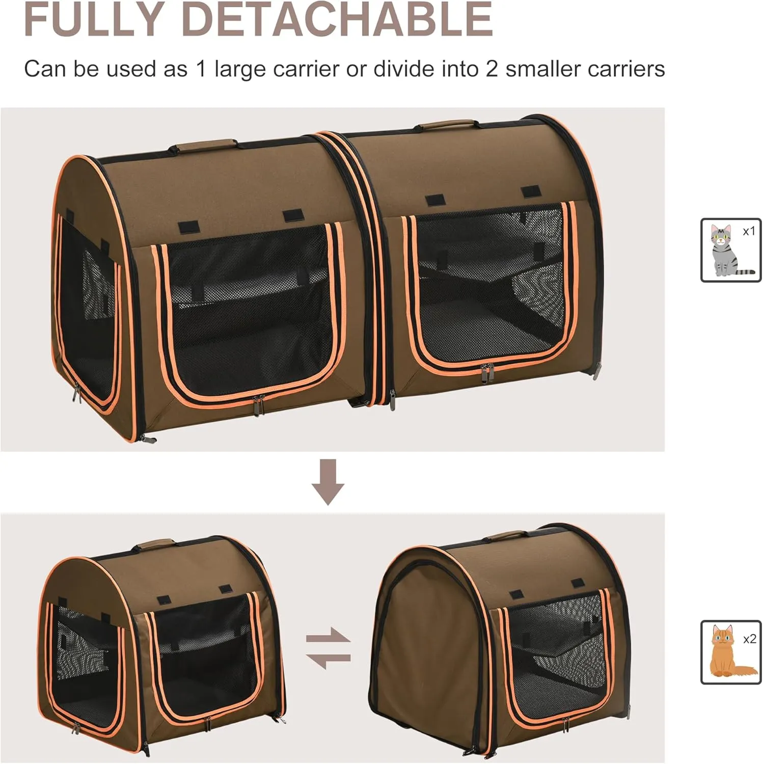 PawHut 39" Portable Soft-Sided Cat Carrier, Cat Kennel, Travel Dog Crate with Divider, Two Compartments, Soft Cushions & Storage Bag, Easy to Fold, Brown