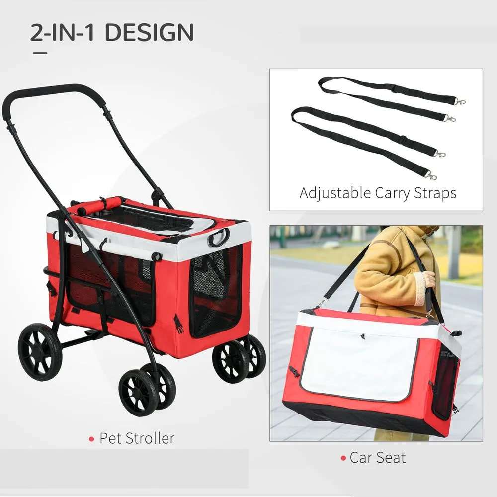 PawHut Foldable Pet Stroller w/ Detachable Carrier, Soft Padding - Red