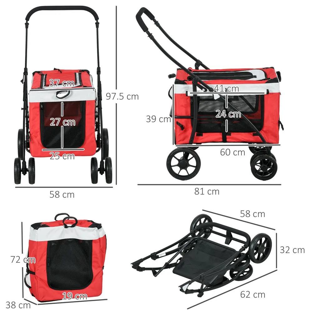 PawHut Foldable Pet Stroller w/ Detachable Carrier, Soft Padding - Red
