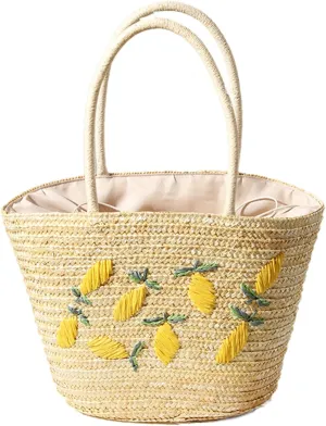 Peilin&yao 2022 Women Hand-woven Straw lemon hand-embroidered Boho Rope Tie Vacation Rattan Summer Beach basket bag