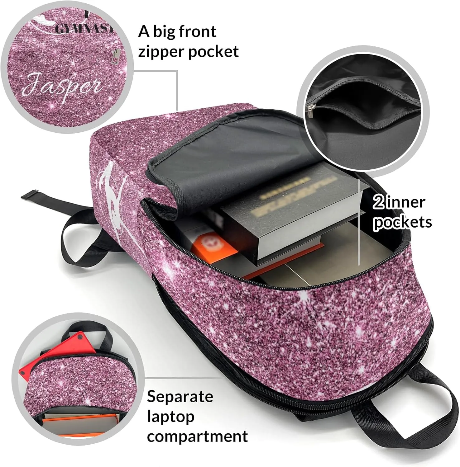 Personalized Backpack Glitter Inbakerdoek Rhythmic Gymnastics Travel Backpack College BookBag School Bag 17.7 IN for Girls Boys Kids