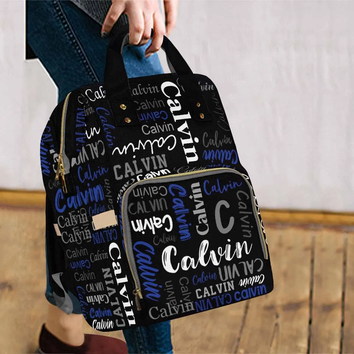 Personalized Backpack with Name, Custom Diaper Bag Text Name Logo Black Fashion Daycare Bag Mummy Nursing Baby Bags Shoulder Bag Casual Daypack Bag for Mom Dad Shopping Picnic