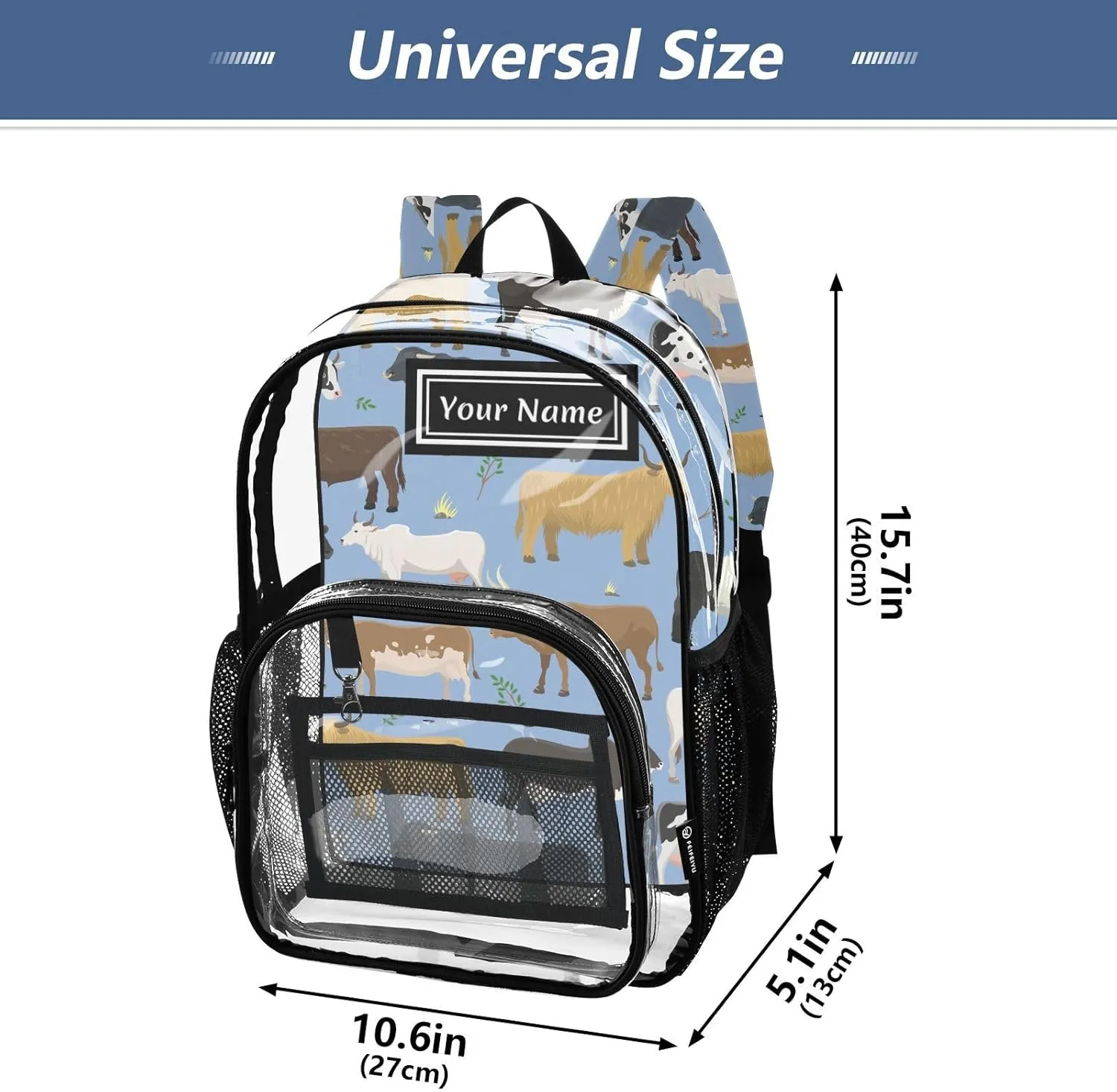 Personalized Clear Backpacks for Girls Boys Women Men Bulls and Cows Farm Animal Custom Name PVC Transparent Bookbag for Schools Stadium Concerts Work