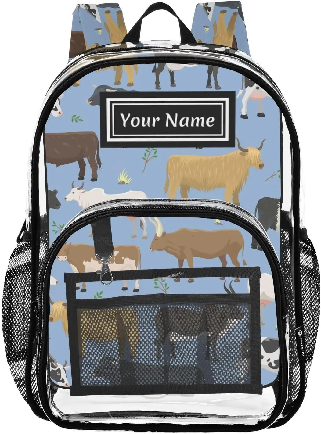 Personalized Clear Backpacks for Girls Boys Women Men Bulls and Cows Farm Animal Custom Name PVC Transparent Bookbag for Schools Stadium Concerts Work