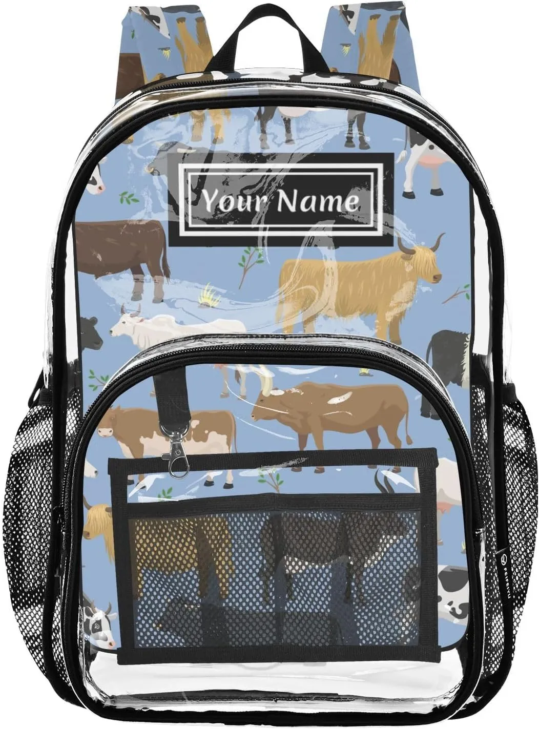 Personalized Clear Backpacks for Girls Boys Women Men Bulls and Cows Farm Animal Custom Name PVC Transparent Bookbag for Schools Stadium Concerts Work
