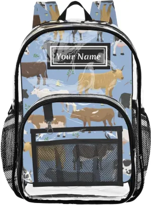 Personalized Clear Backpacks for Girls Boys Women Men Bulls and Cows Farm Animal Custom Name PVC Transparent Bookbag for Schools Stadium Concerts Work