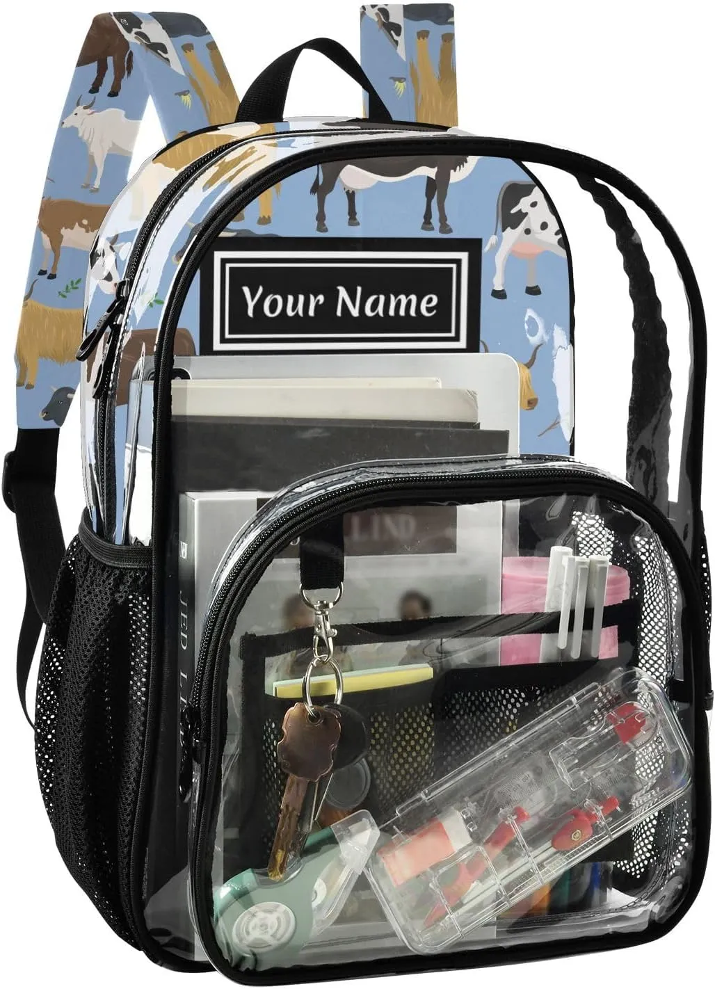 Personalized Clear Backpacks for Girls Boys Women Men Bulls and Cows Farm Animal Custom Name PVC Transparent Bookbag for Schools Stadium Concerts Work