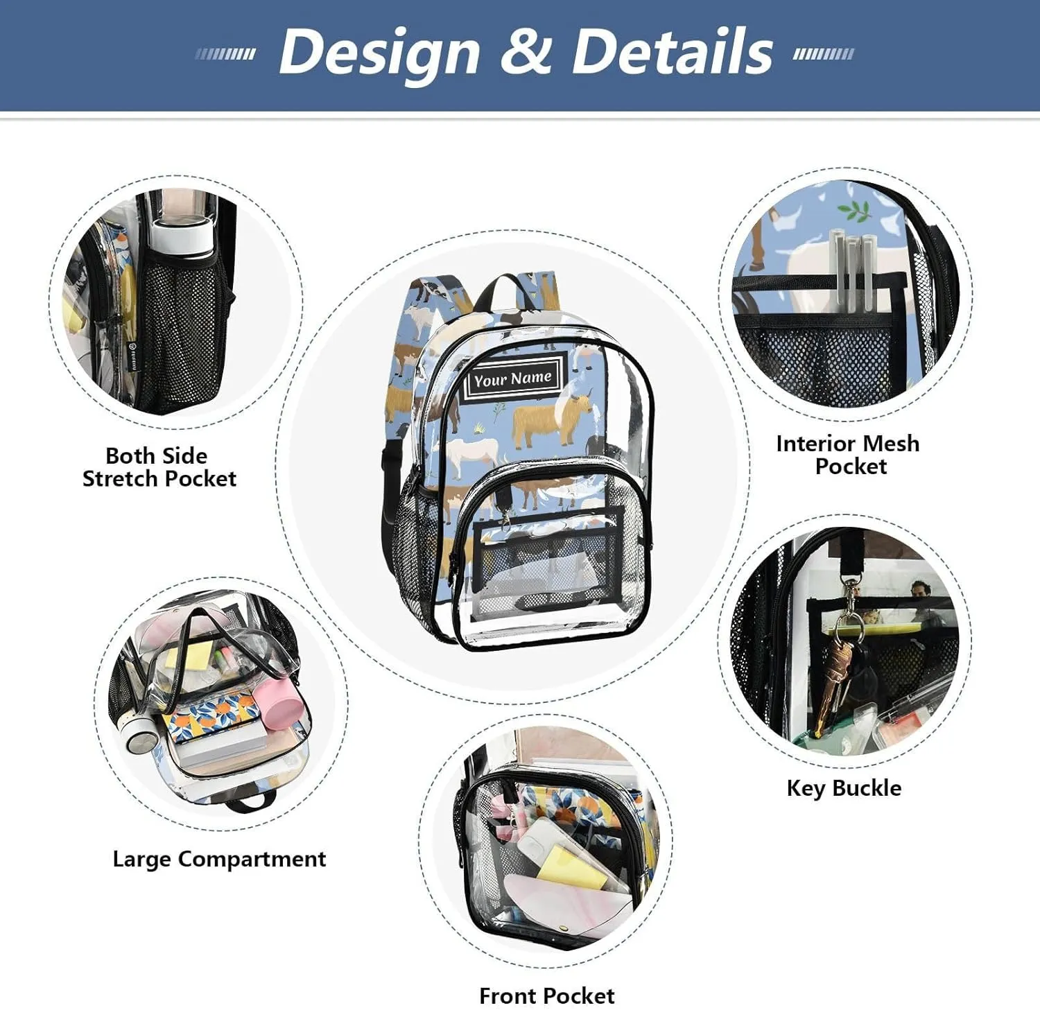 Personalized Clear Backpacks for Girls Boys Women Men Bulls and Cows Farm Animal Custom Name PVC Transparent Bookbag for Schools Stadium Concerts Work