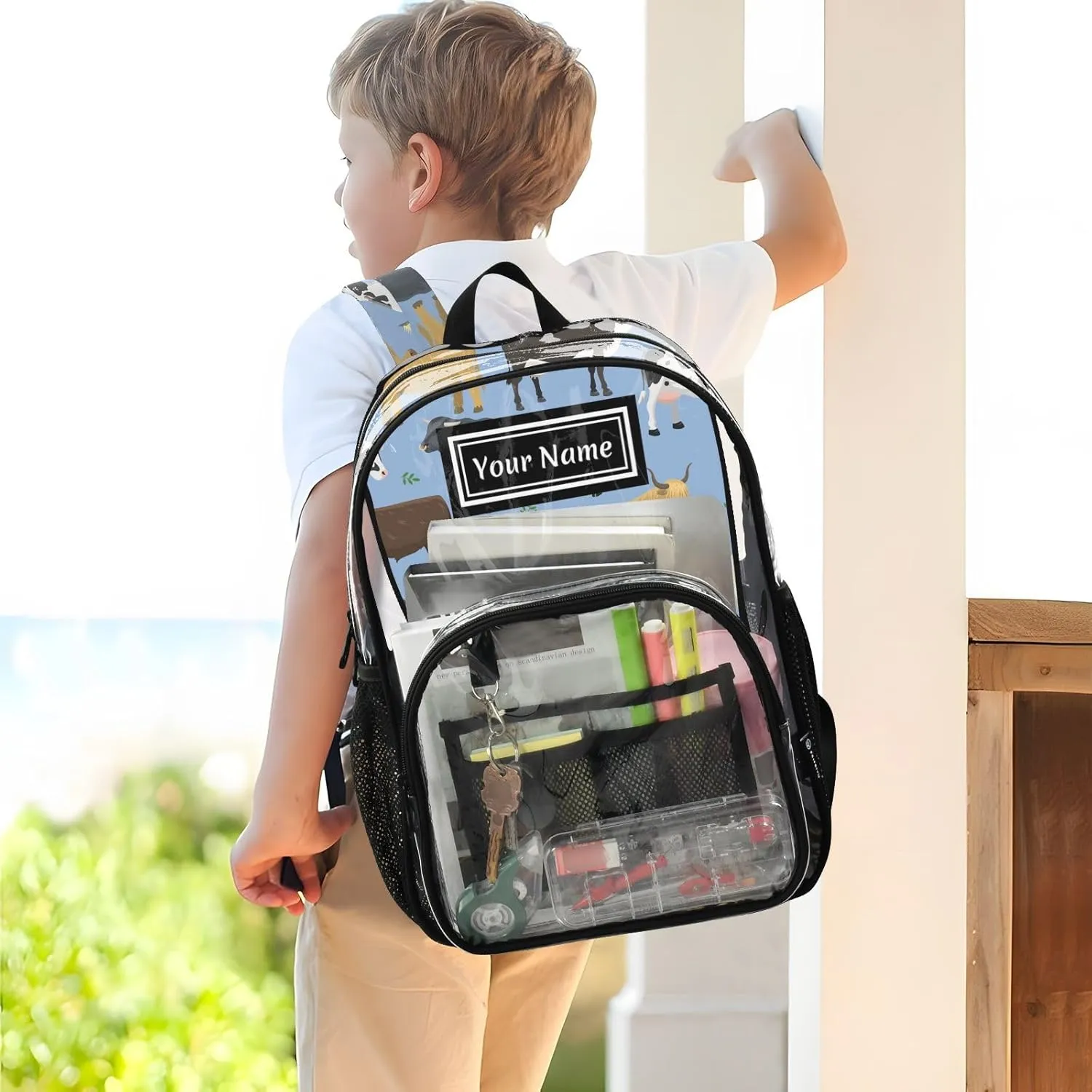 Personalized Clear Backpacks for Girls Boys Women Men Bulls and Cows Farm Animal Custom Name PVC Transparent Bookbag for Schools Stadium Concerts Work