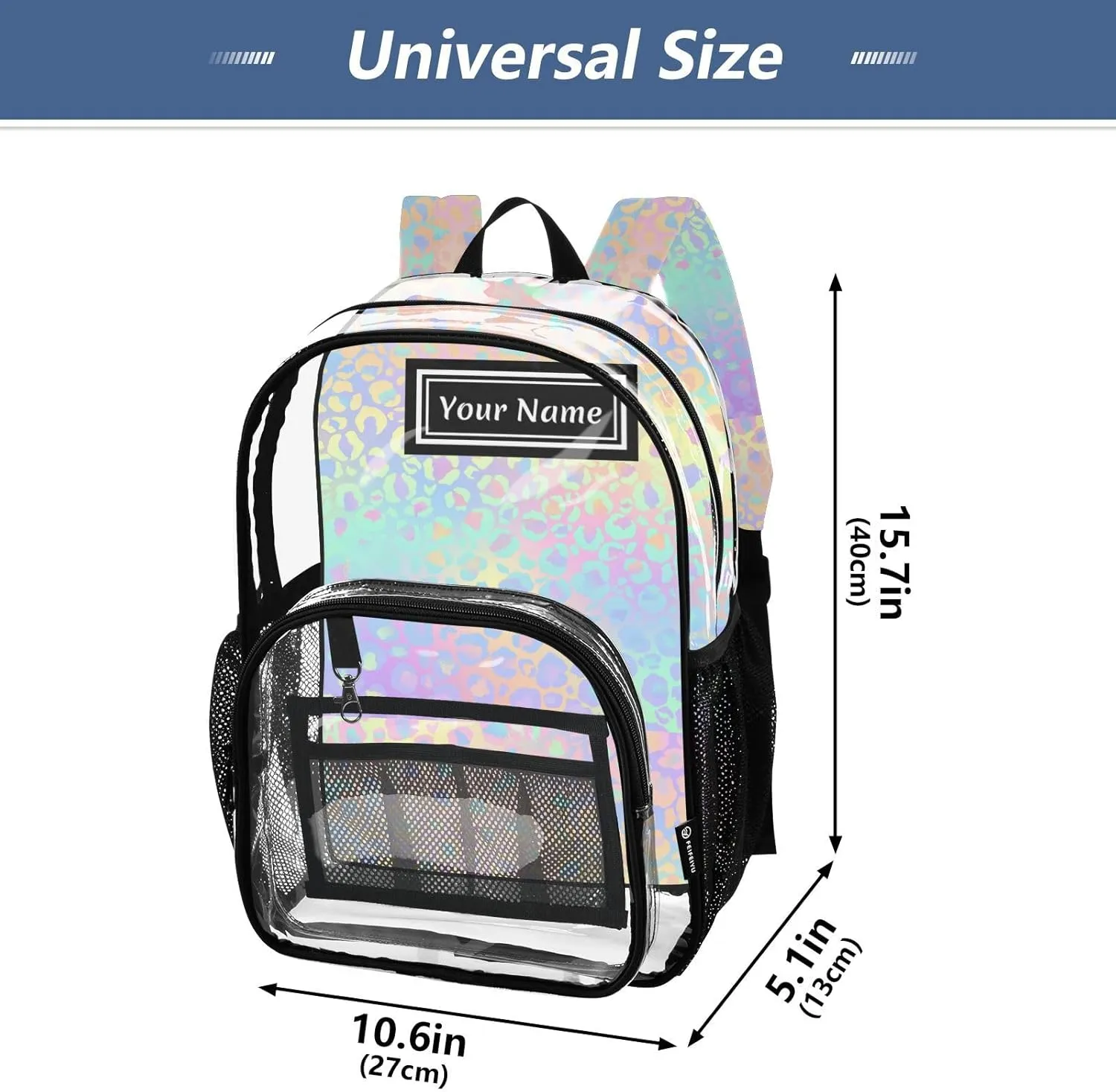 Personalized Clear Backpacks for Girls Boys Women Men Holographic Leopard Spots Custom Name PVC Transparent Bookbag for Schools Stadium Concerts Work