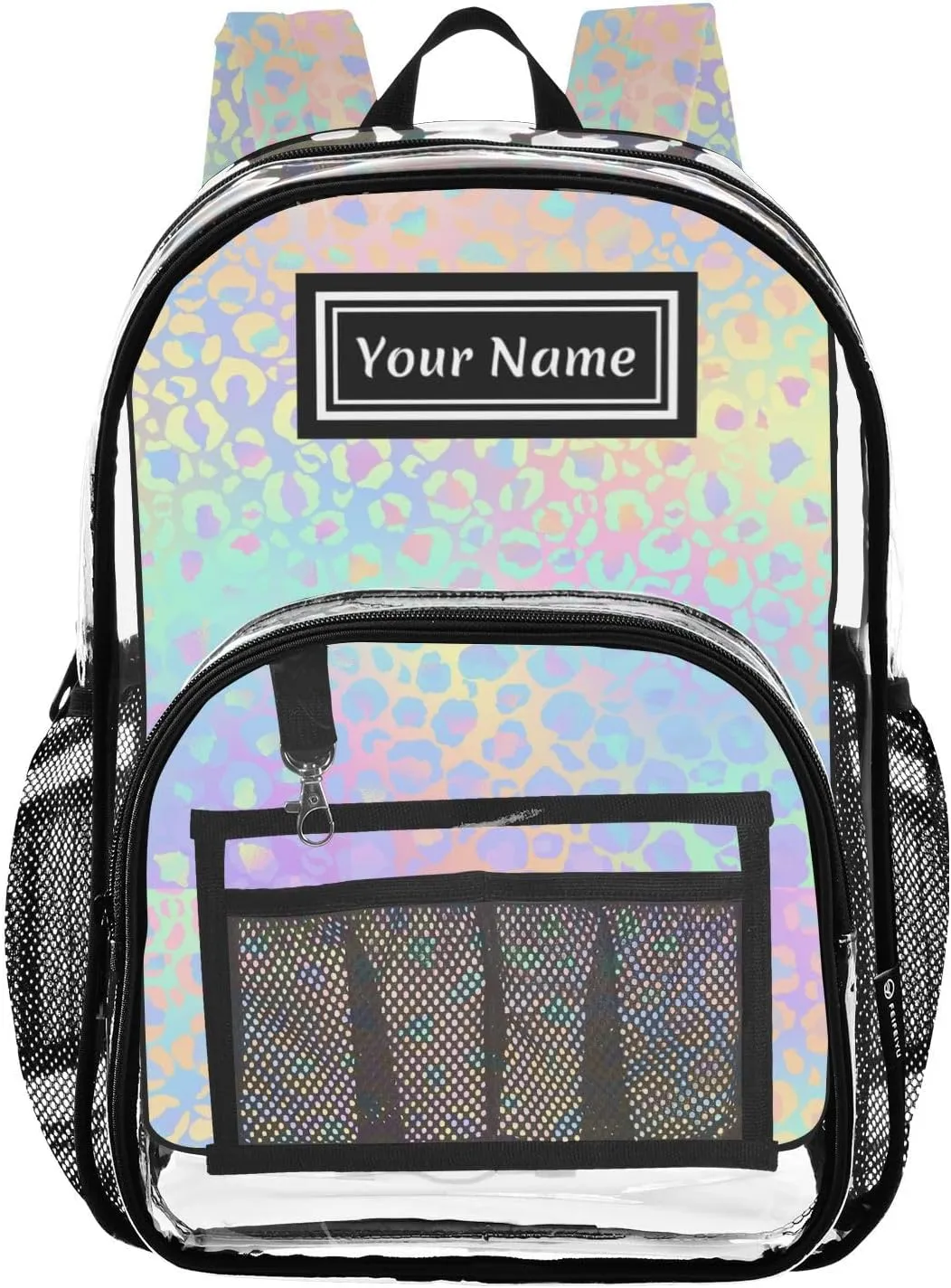 Personalized Clear Backpacks for Girls Boys Women Men Holographic Leopard Spots Custom Name PVC Transparent Bookbag for Schools Stadium Concerts Work