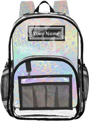 Personalized Clear Backpacks for Girls Boys Women Men Holographic Leopard Spots Custom Name PVC Transparent Bookbag for Schools Stadium Concerts Work