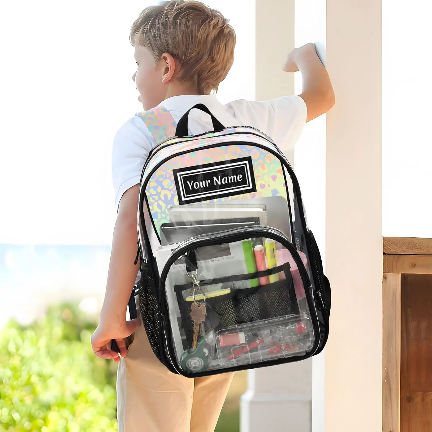 Personalized Clear Backpacks for Girls Boys Women Men Holographic Leopard Spots Custom Name PVC Transparent Bookbag for Schools Stadium Concerts Work