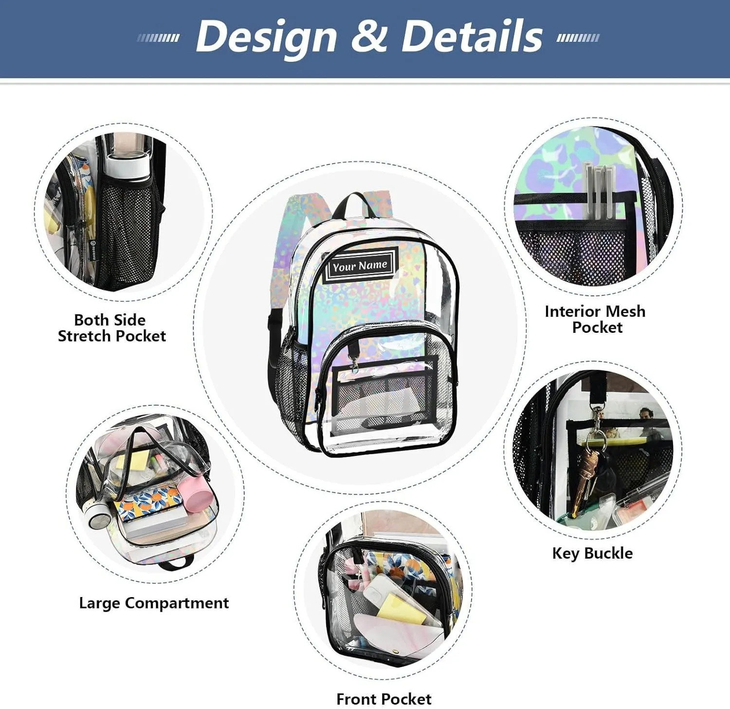 Personalized Clear Backpacks for Girls Boys Women Men Holographic Leopard Spots Custom Name PVC Transparent Bookbag for Schools Stadium Concerts Work