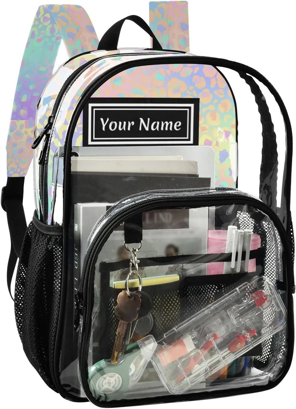 Personalized Clear Backpacks for Girls Boys Women Men Holographic Leopard Spots Custom Name PVC Transparent Bookbag for Schools Stadium Concerts Work