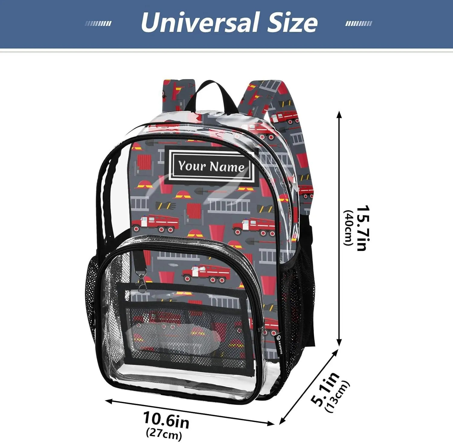 Personalized Clear Backpacks for Girls Boys Women Men Red Fire Truck Custom Name PVC Transparent Bookbag for Schools Stadium Concerts Work
