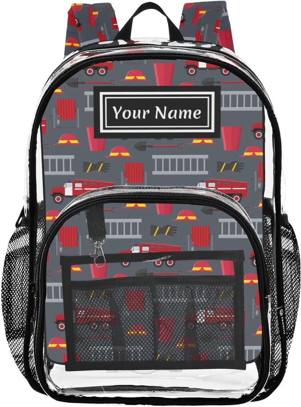 Personalized Clear Backpacks for Girls Boys Women Men Red Fire Truck Custom Name PVC Transparent Bookbag for Schools Stadium Concerts Work