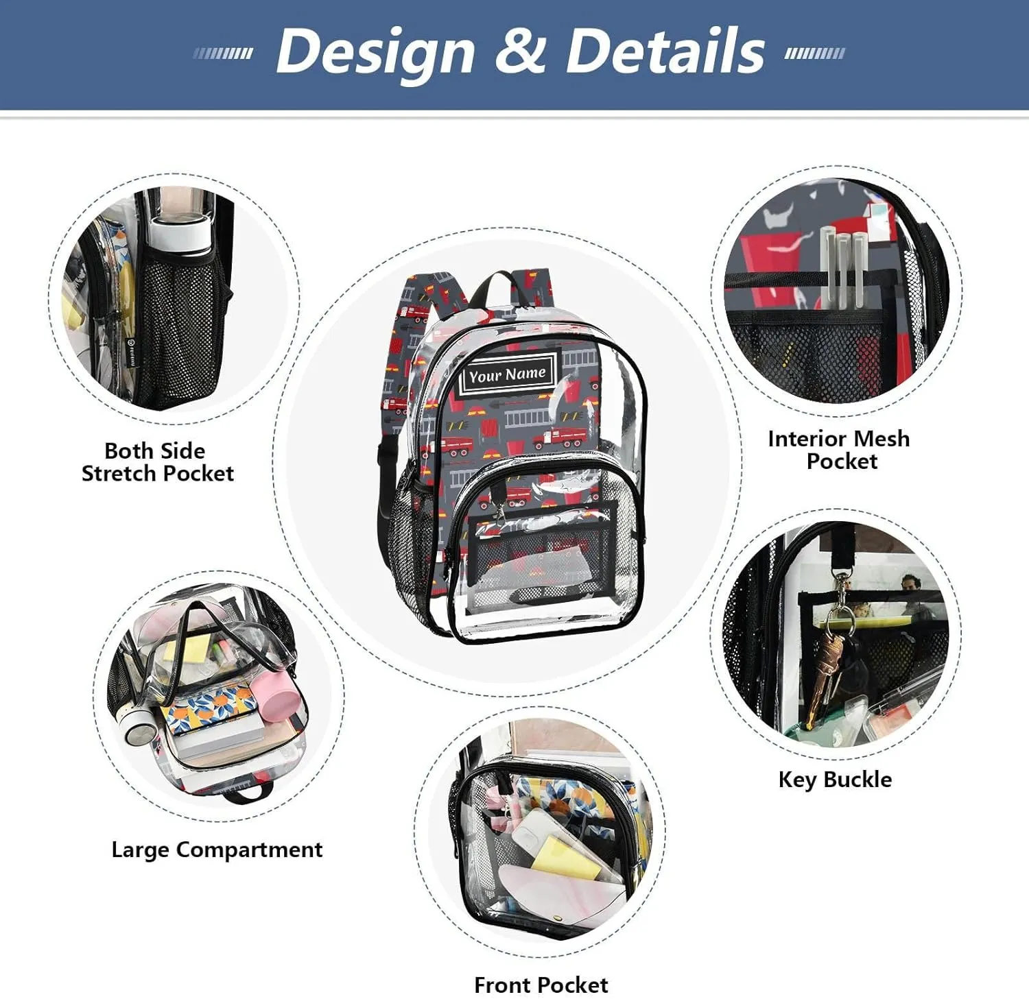 Personalized Clear Backpacks for Girls Boys Women Men Red Fire Truck Custom Name PVC Transparent Bookbag for Schools Stadium Concerts Work