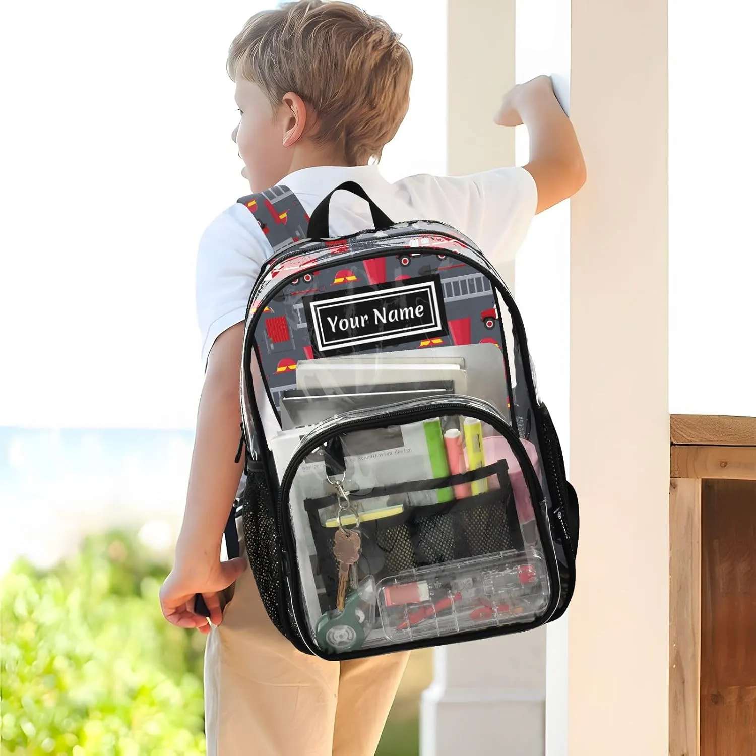 Personalized Clear Backpacks for Girls Boys Women Men Red Fire Truck Custom Name PVC Transparent Bookbag for Schools Stadium Concerts Work