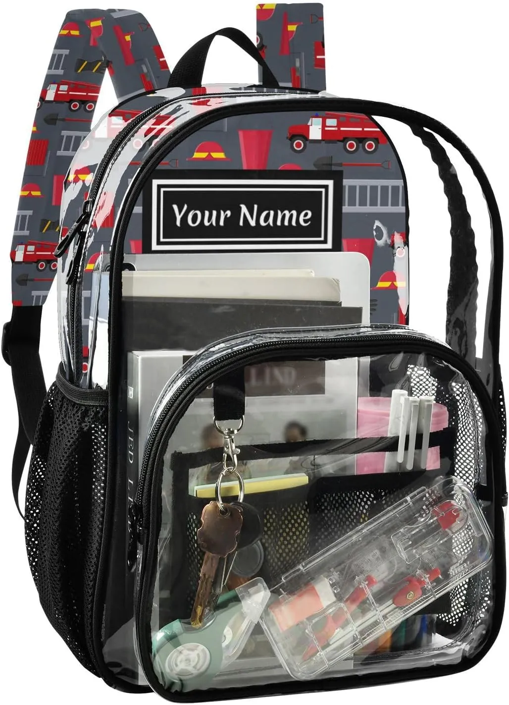 Personalized Clear Backpacks for Girls Boys Women Men Red Fire Truck Custom Name PVC Transparent Bookbag for Schools Stadium Concerts Work
