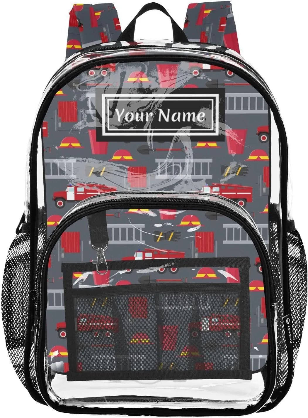 Personalized Clear Backpacks for Girls Boys Women Men Red Fire Truck Custom Name PVC Transparent Bookbag for Schools Stadium Concerts Work