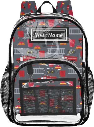 Personalized Clear Backpacks for Girls Boys Women Men Red Fire Truck Custom Name PVC Transparent Bookbag for Schools Stadium Concerts Work