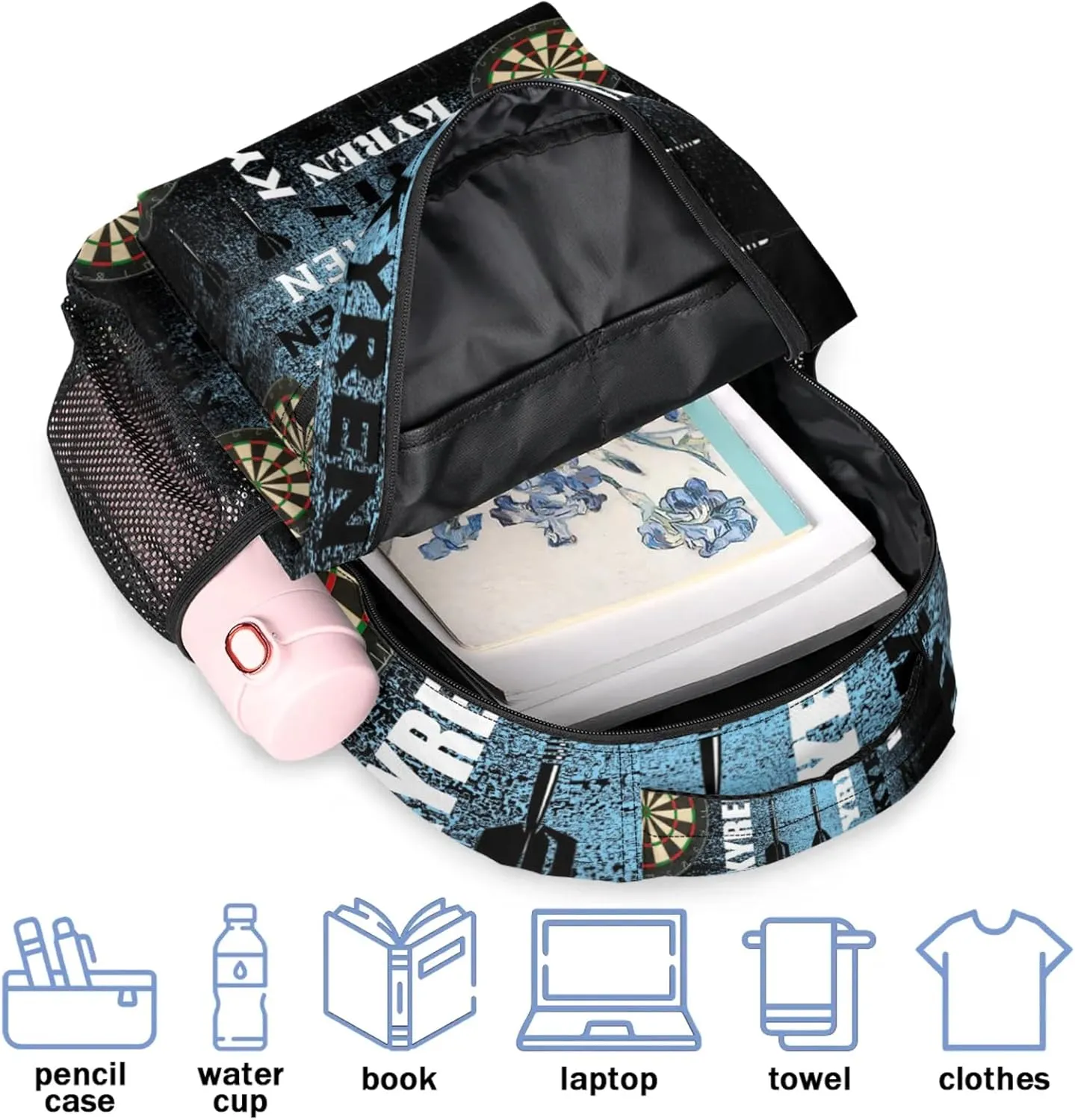 Personalized Darts Backpack, Customized Sports Bag Backpack for Men Women, Custom Name Laptop Backpacks Travel Camping Daypack, Blue Black