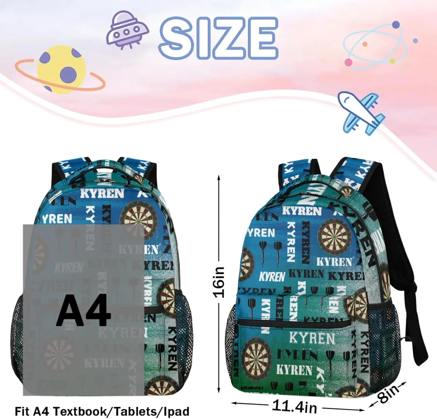 Personalized Darts Backpack, Customized Sports Bag Backpack for Men Women, Custom Name Laptop Backpacks Travel Camping Daypack, Blue Green Gray