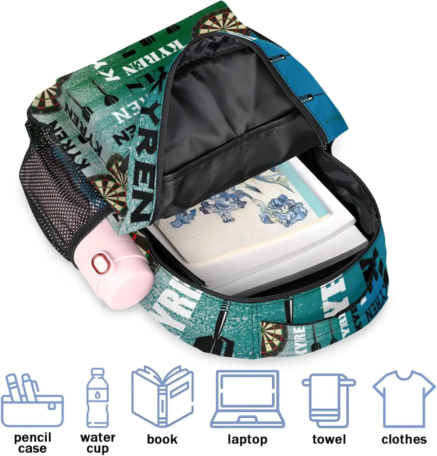 Personalized Darts Backpack, Customized Sports Bag Backpack for Men Women, Custom Name Laptop Backpacks Travel Camping Daypack, Blue Green Gray