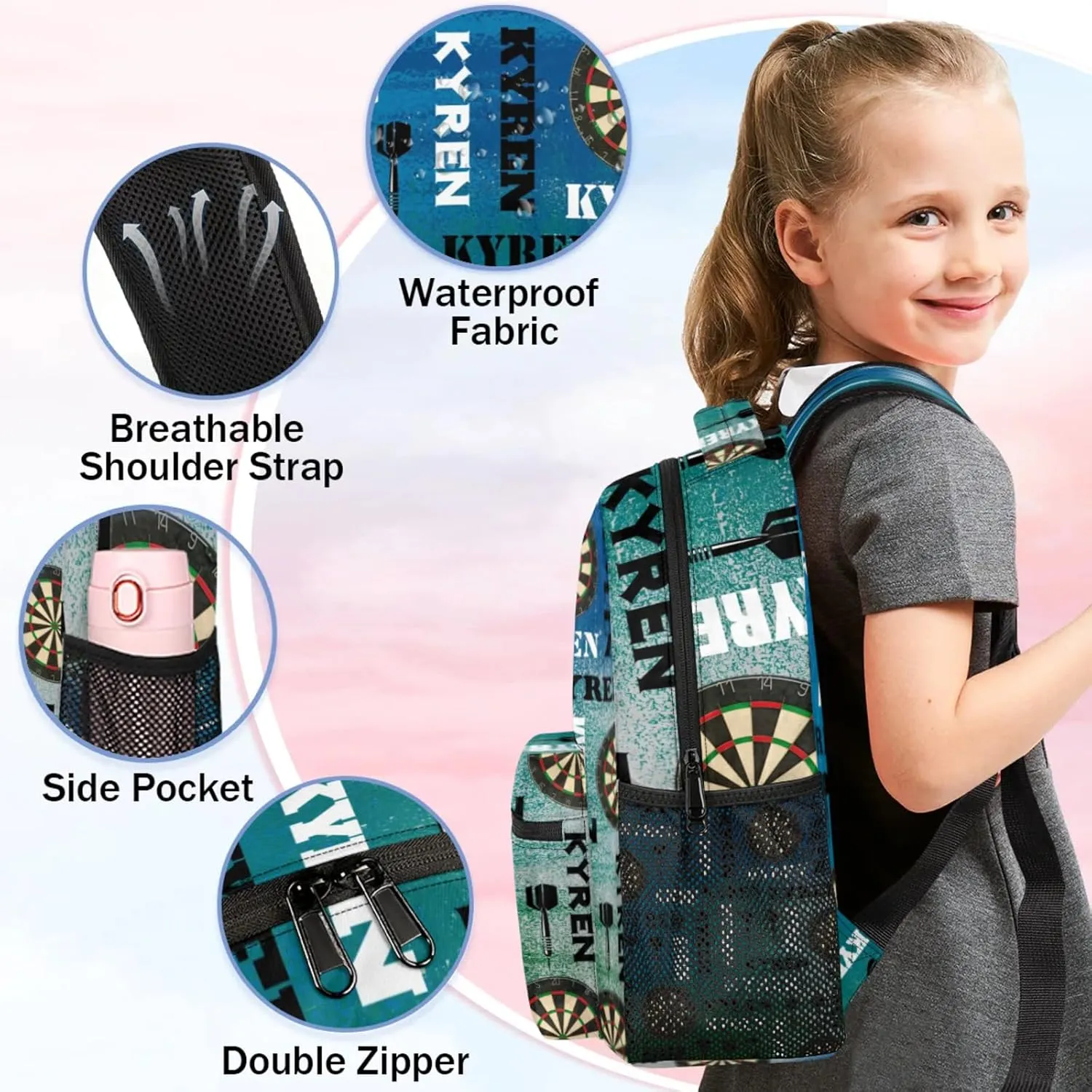 Personalized Darts Backpack, Customized Sports Bag Backpack for Men Women, Custom Name Laptop Backpacks Travel Camping Daypack, Blue Green Gray