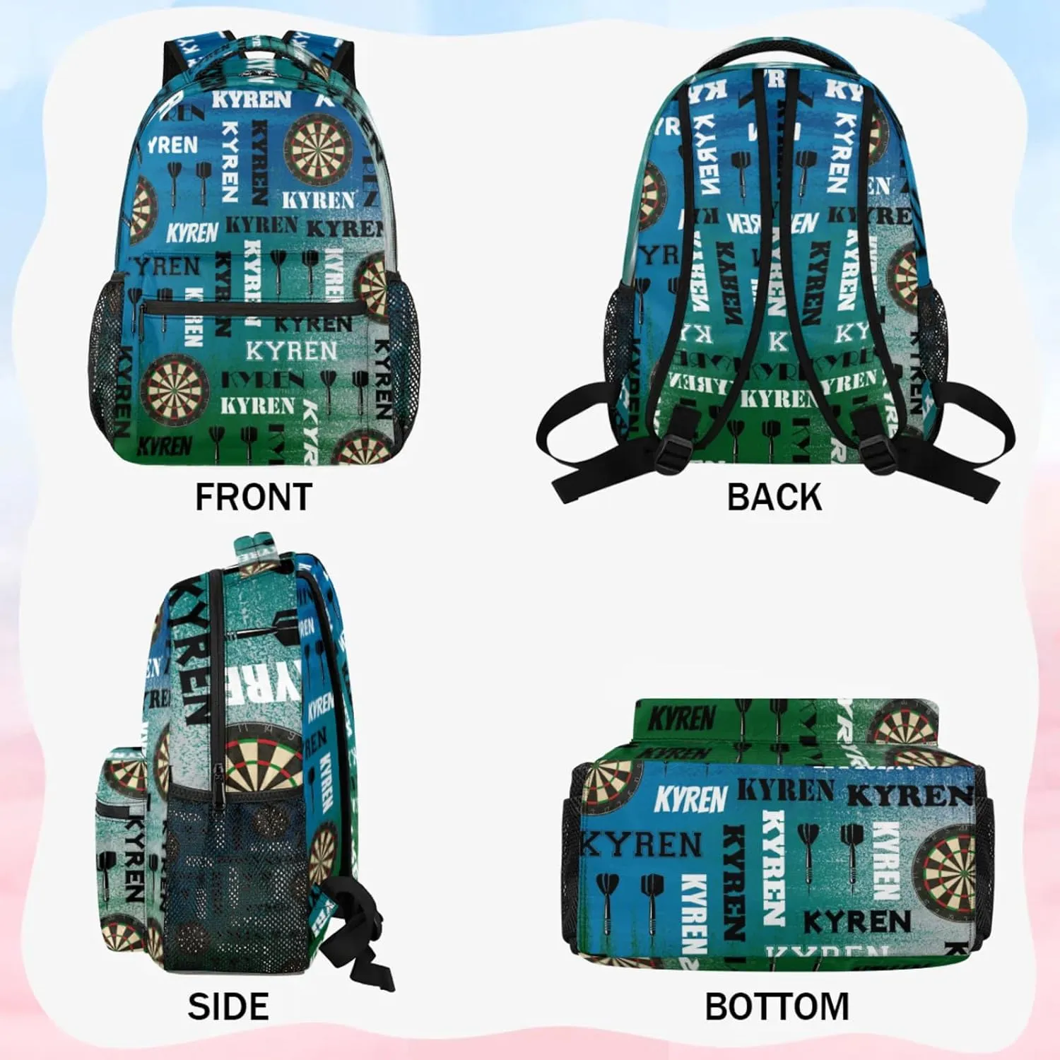 Personalized Darts Backpack, Customized Sports Bag Backpack for Men Women, Custom Name Laptop Backpacks Travel Camping Daypack, Blue Green Gray
