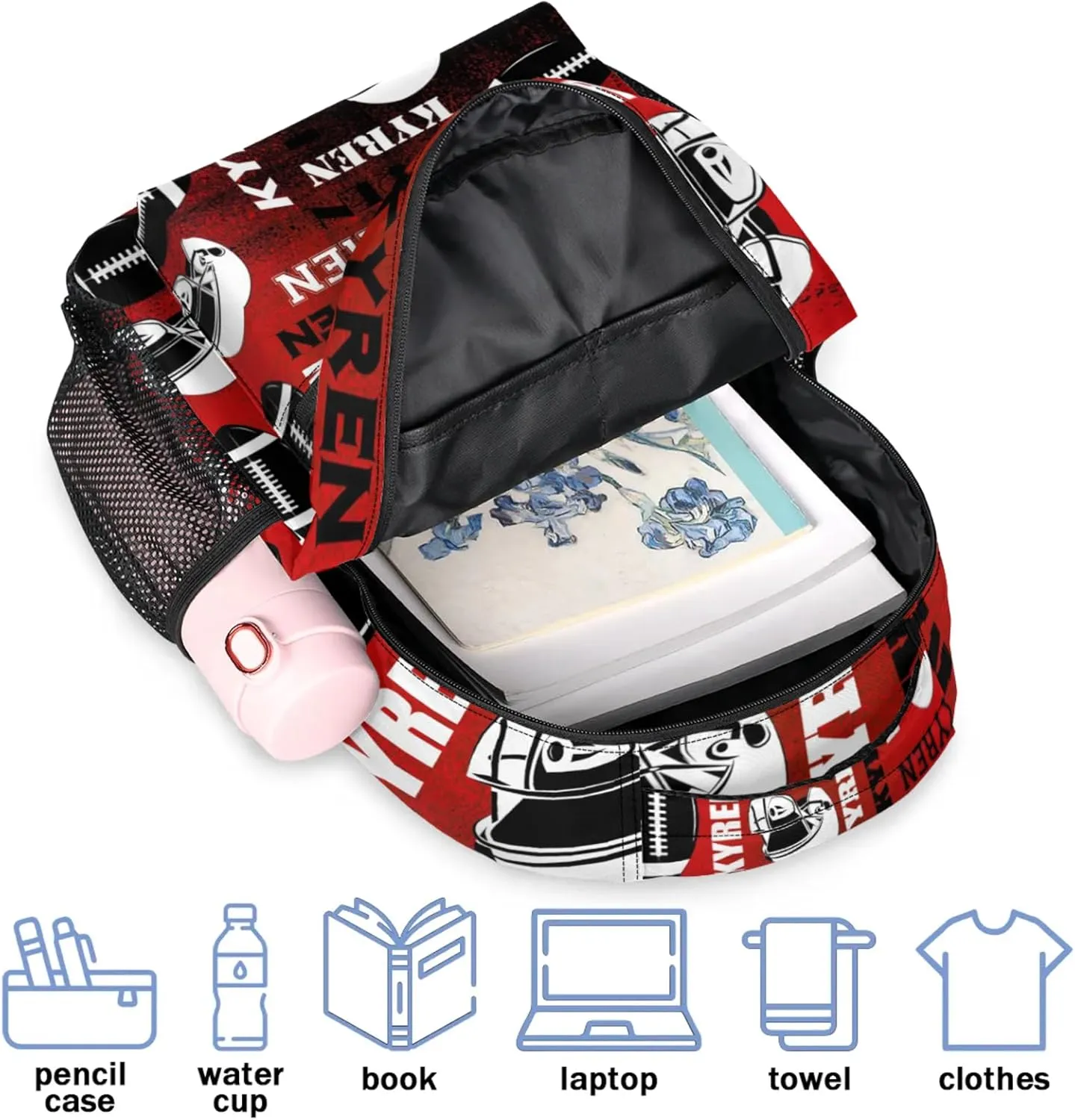 Personalized Football Backpack for Men Women, Custom Name Sports Bag Backpack, Laptop Backpacks Daypack for Travel Camping, Black Red