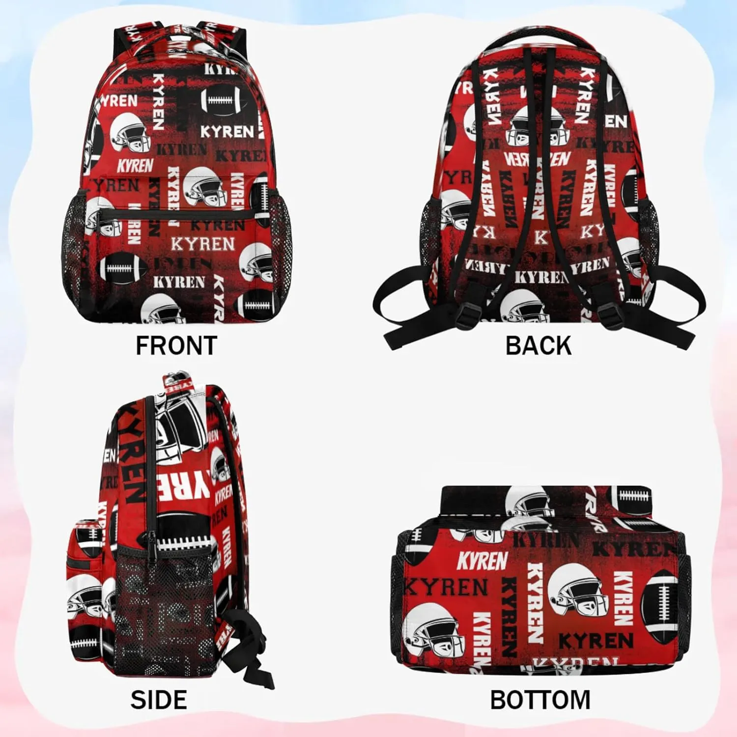 Personalized Football Backpack for Men Women, Custom Name Sports Bag Backpack, Laptop Backpacks Daypack for Travel Camping, Black Red