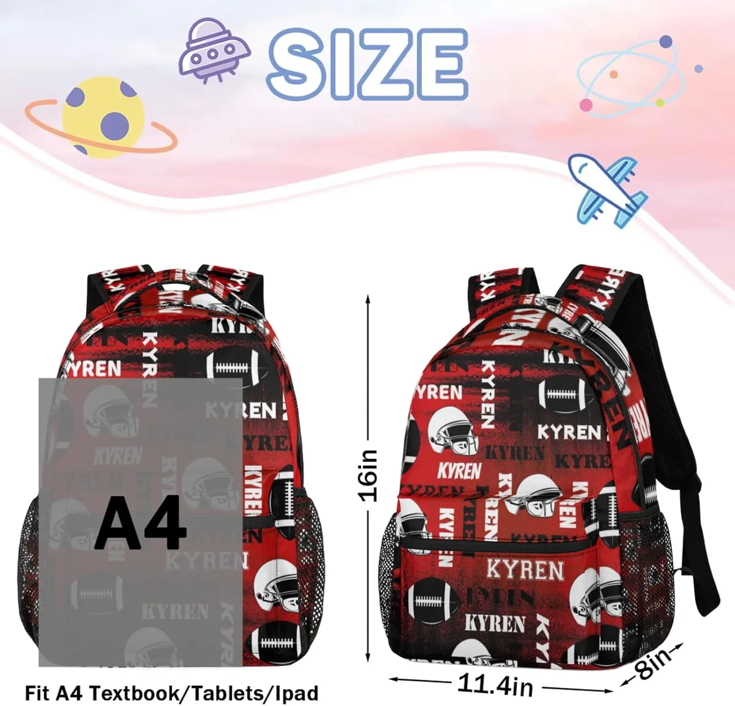 Personalized Football Backpack for Men Women, Custom Name Sports Bag Backpack, Laptop Backpacks Daypack for Travel Camping, Black Red
