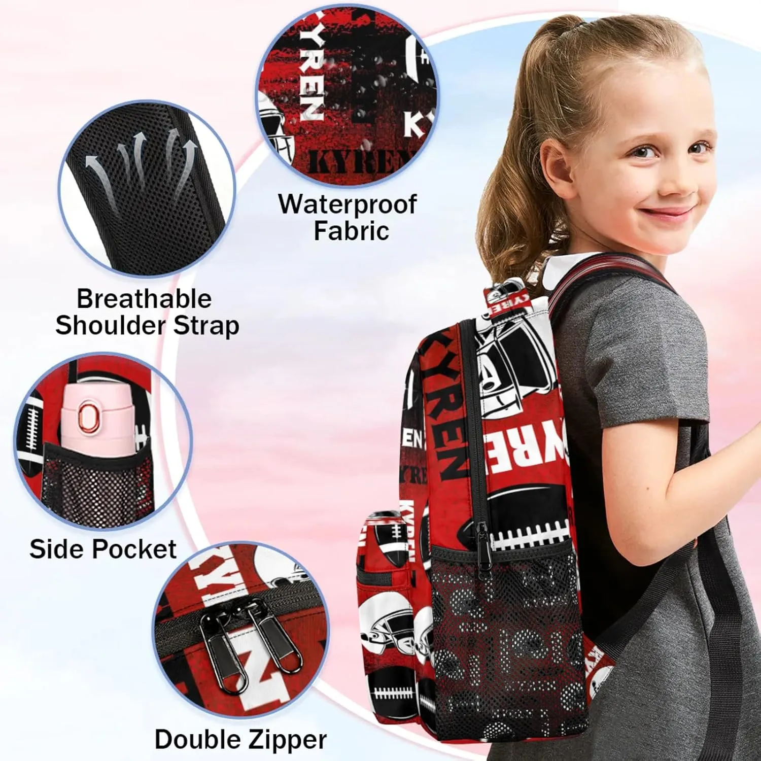 Personalized Football Backpack for Men Women, Custom Name Sports Bag Backpack, Laptop Backpacks Daypack for Travel Camping, Black Red