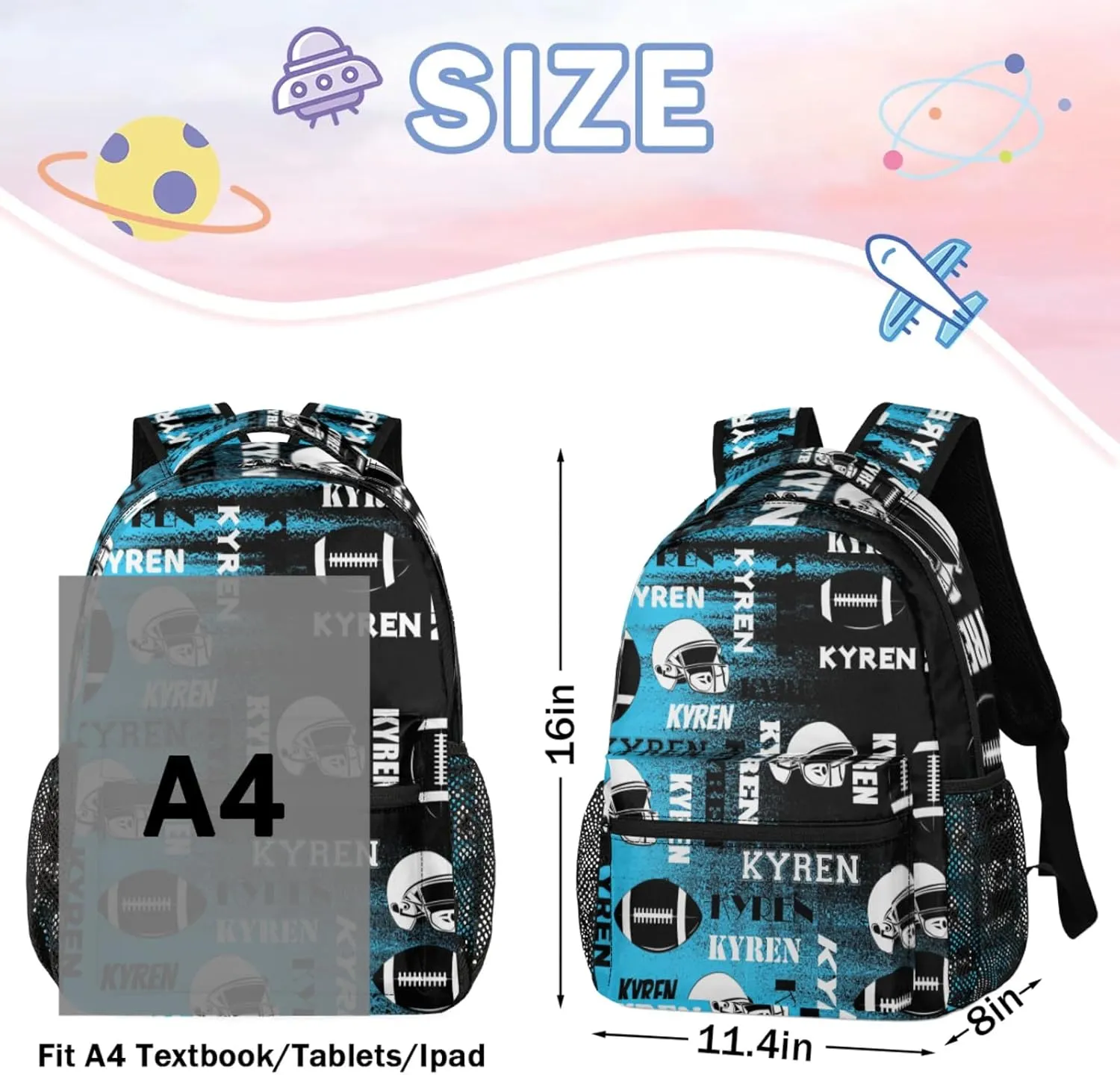 Personalized Football Backpack for Men Women, Custom Name Sports Bag Backpack, Laptop Backpacks Daypack for Travel Camping, Blue Black Print
