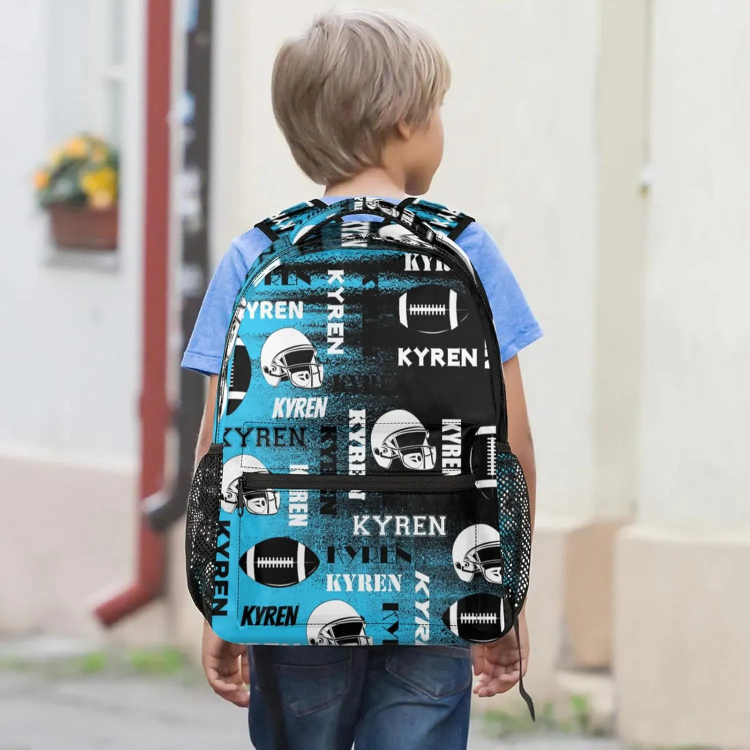Personalized Football Backpack for Men Women, Custom Name Sports Bag Backpack, Laptop Backpacks Daypack for Travel Camping, Blue Black Print