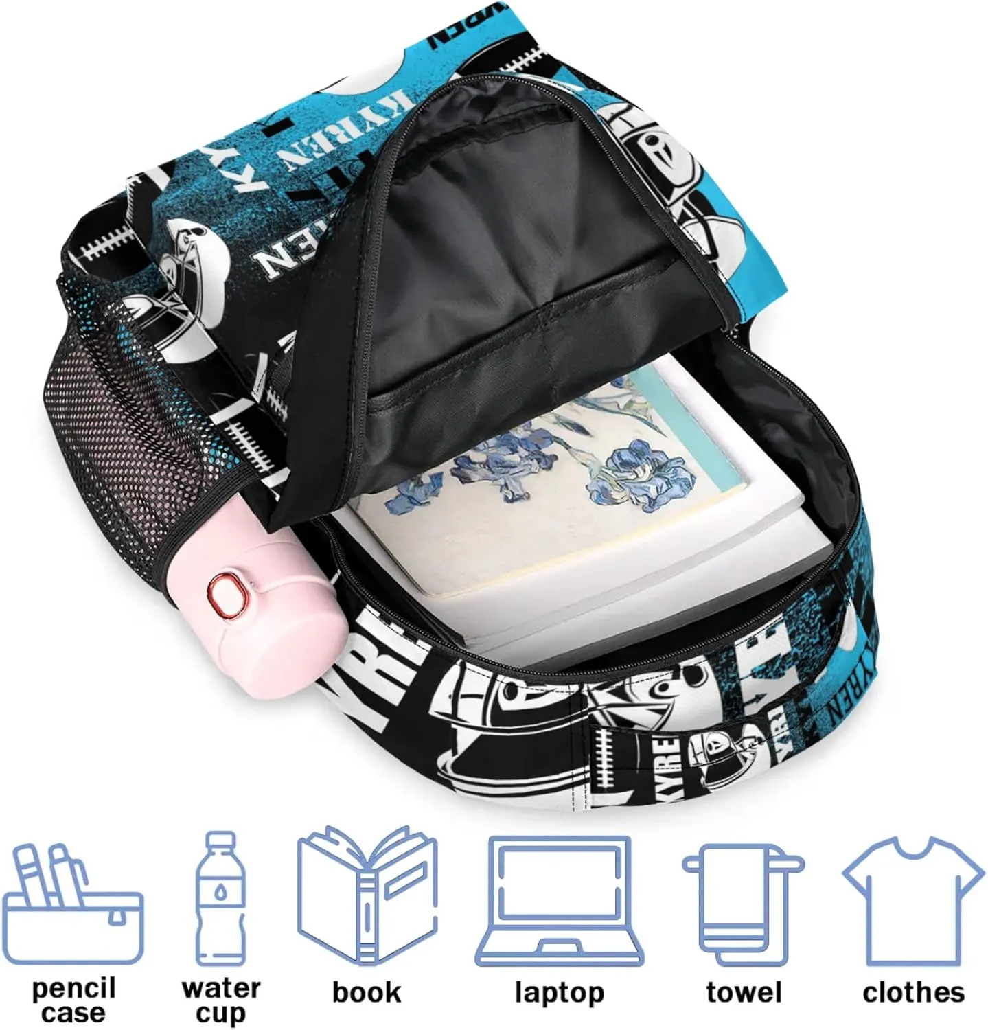 Personalized Football Backpack for Men Women, Custom Name Sports Bag Backpack, Laptop Backpacks Daypack for Travel Camping, Blue Black Print