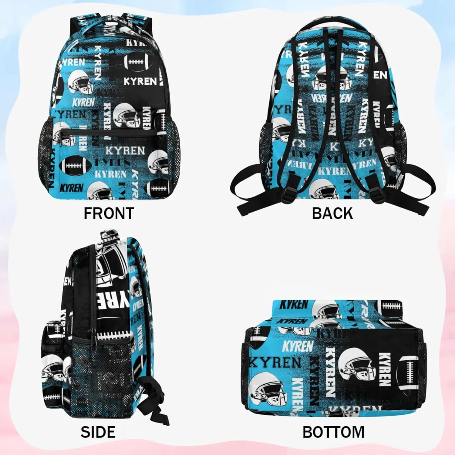 Personalized Football Backpack for Men Women, Custom Name Sports Bag Backpack, Laptop Backpacks Daypack for Travel Camping, Blue Black Print