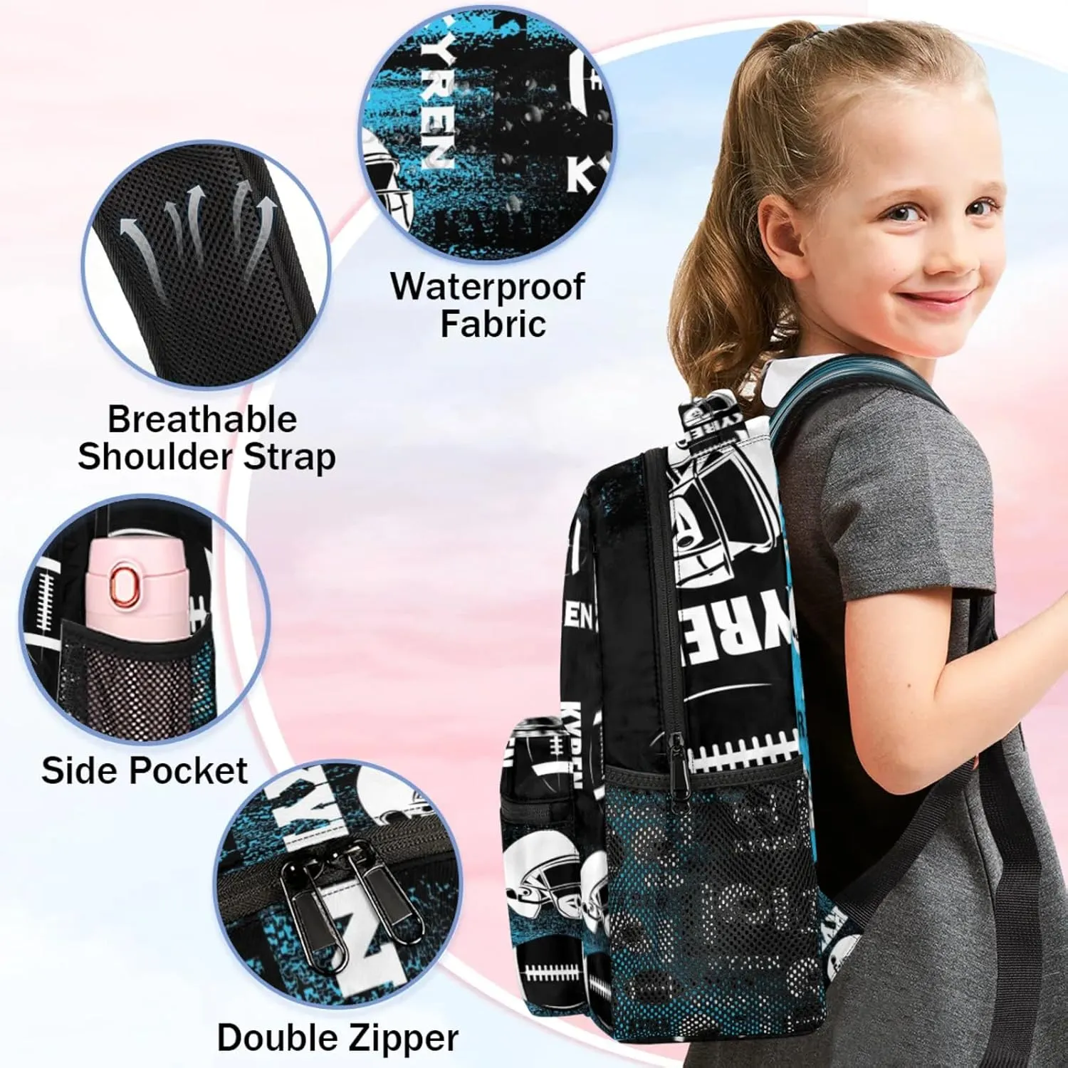 Personalized Football Backpack for Men Women, Custom Name Sports Bag Backpack, Laptop Backpacks Daypack for Travel Camping, Blue Black Print